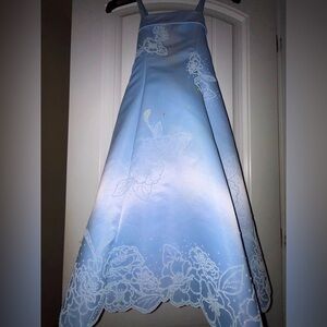 Kids custom-made periwinkle blue dress with white floral embroidery and beading.